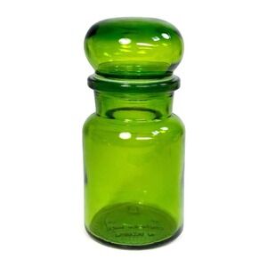 Vintage Green Glass Apothecary Jar Made in Belgium Bubble Lid Seal MCM 5 1/2"